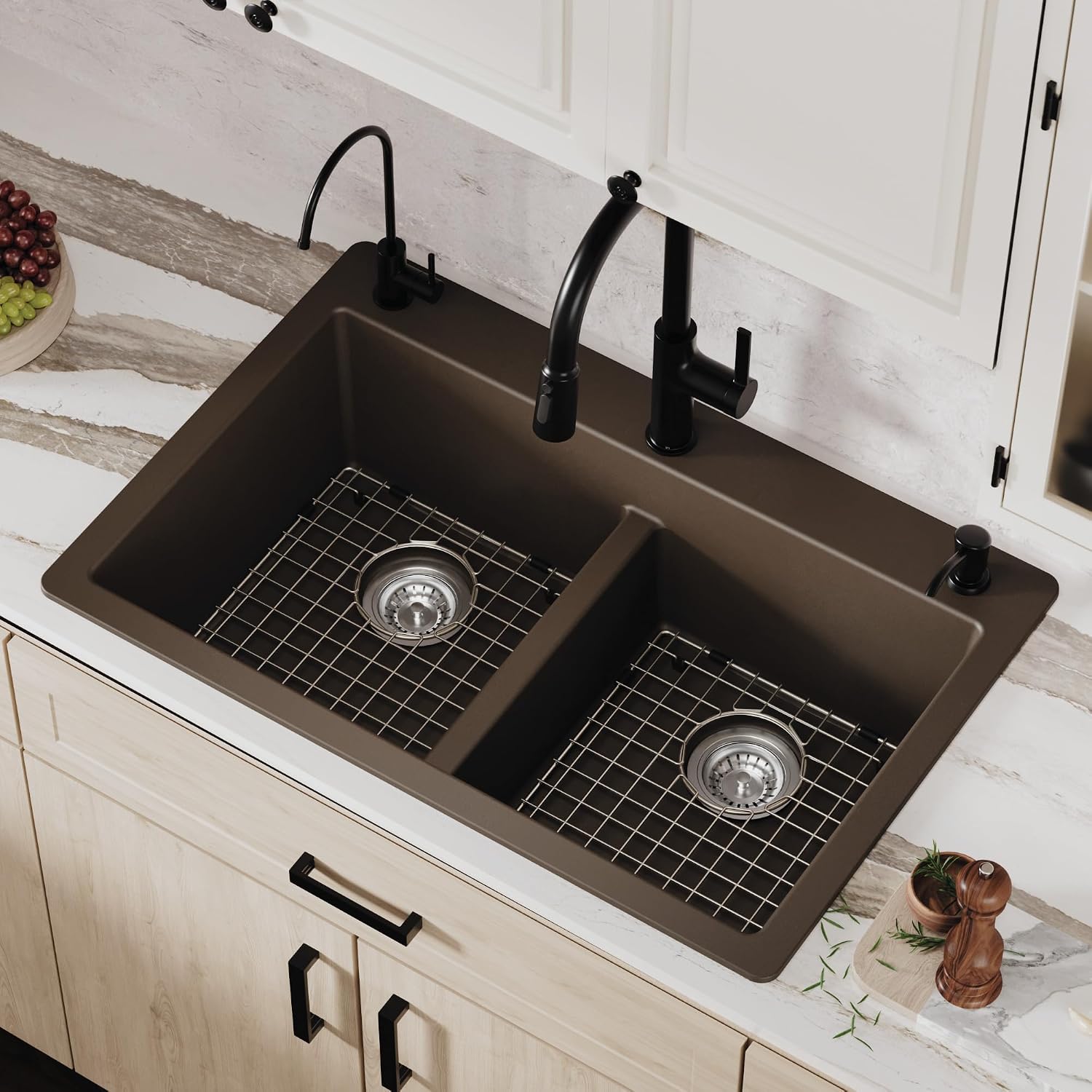Karran QT-810 33' Top Mount Double Equal Bowl Quartz Kitchen Sink Kit in Brown