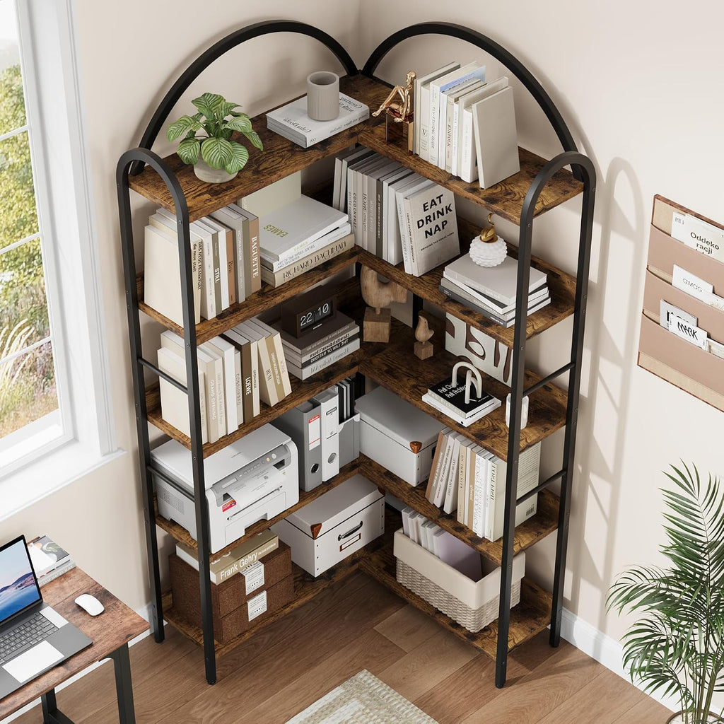 GarveeHome Arched Bookshelf Corner Bookcase, L Shaped Bookshelf Industrial Corner Bookshelves, Large Bookcase with Metal Frame, Corner Shelf Arch Display Rack for Living Room Bedroom