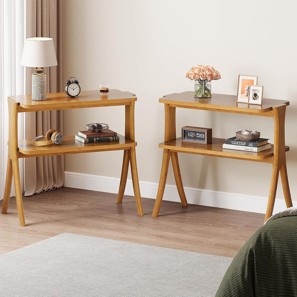 Tribesigns Narrow Side Table Set of 2, Farmhouse End Table with 2-Tier Storage Shelf and Solid Wood Legs, Slim Modern Bedside Table Nightstand for Bedroom, Living Room, Small Spaces, Brown(2)