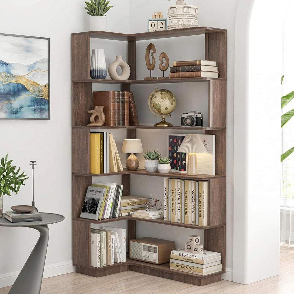 6 Tier Corner Bookshelf, Freestanding L-Shaped Wooden Bookcase with Open Shelves, Anti-Fall Panels and Anti-Tipping Device for Living Room, Home Office (Dark Brown with Right Extension)