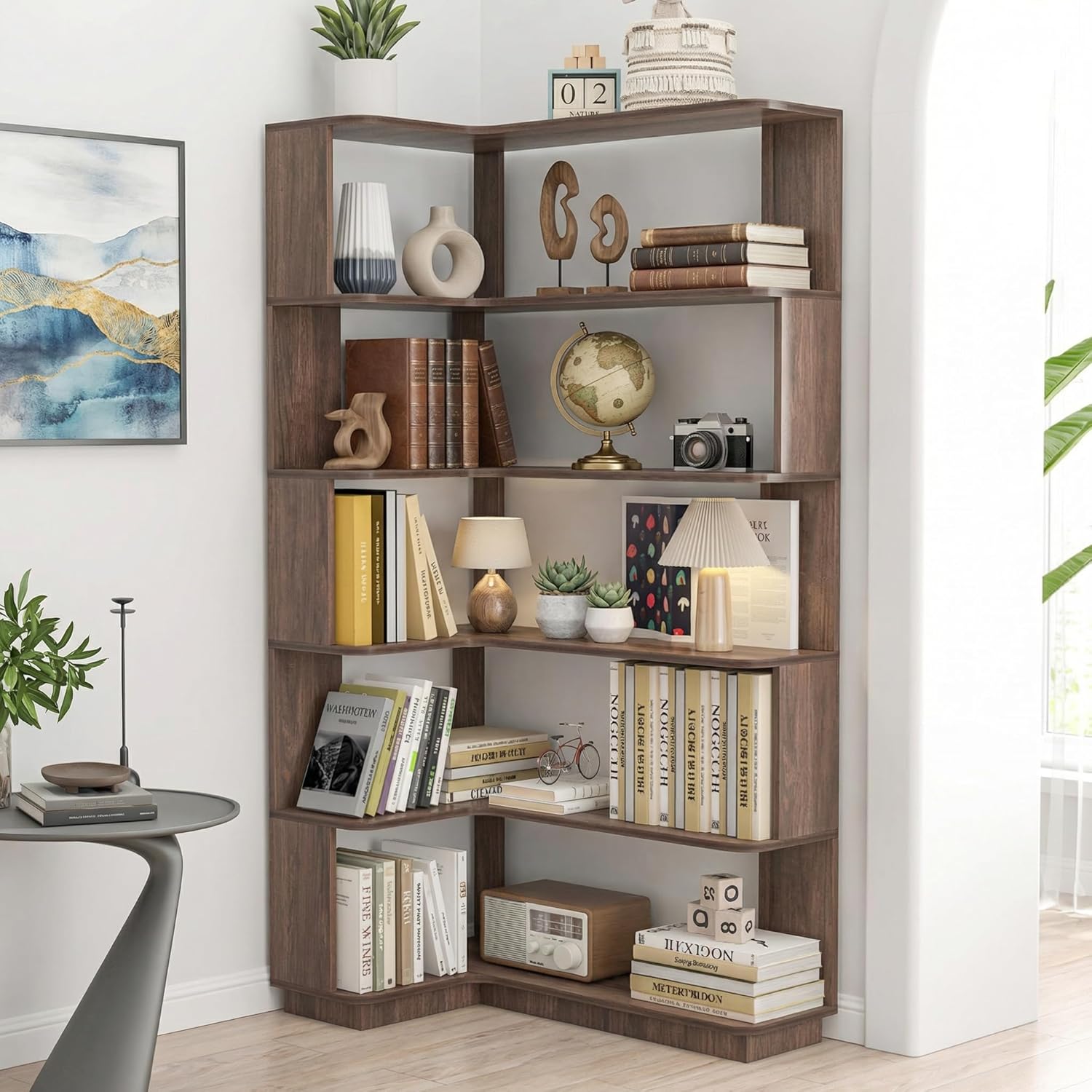 6 Tier Corner Bookshelf, Freestanding L-Shaped Wooden Bookcase with Open Shelves, Anti-Fall Panels and Anti-Tipping Device for Living Room, Home Office (Dark Brown with Right Extension)