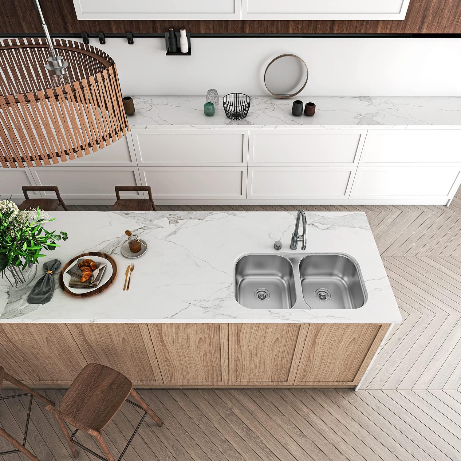 Sinber MU3218D 32' x 18' x 9' Undermount Double Bowl Kitchen Sink with 18 Gauge 304 Stainless Steel Satin Finish (Sink Only)