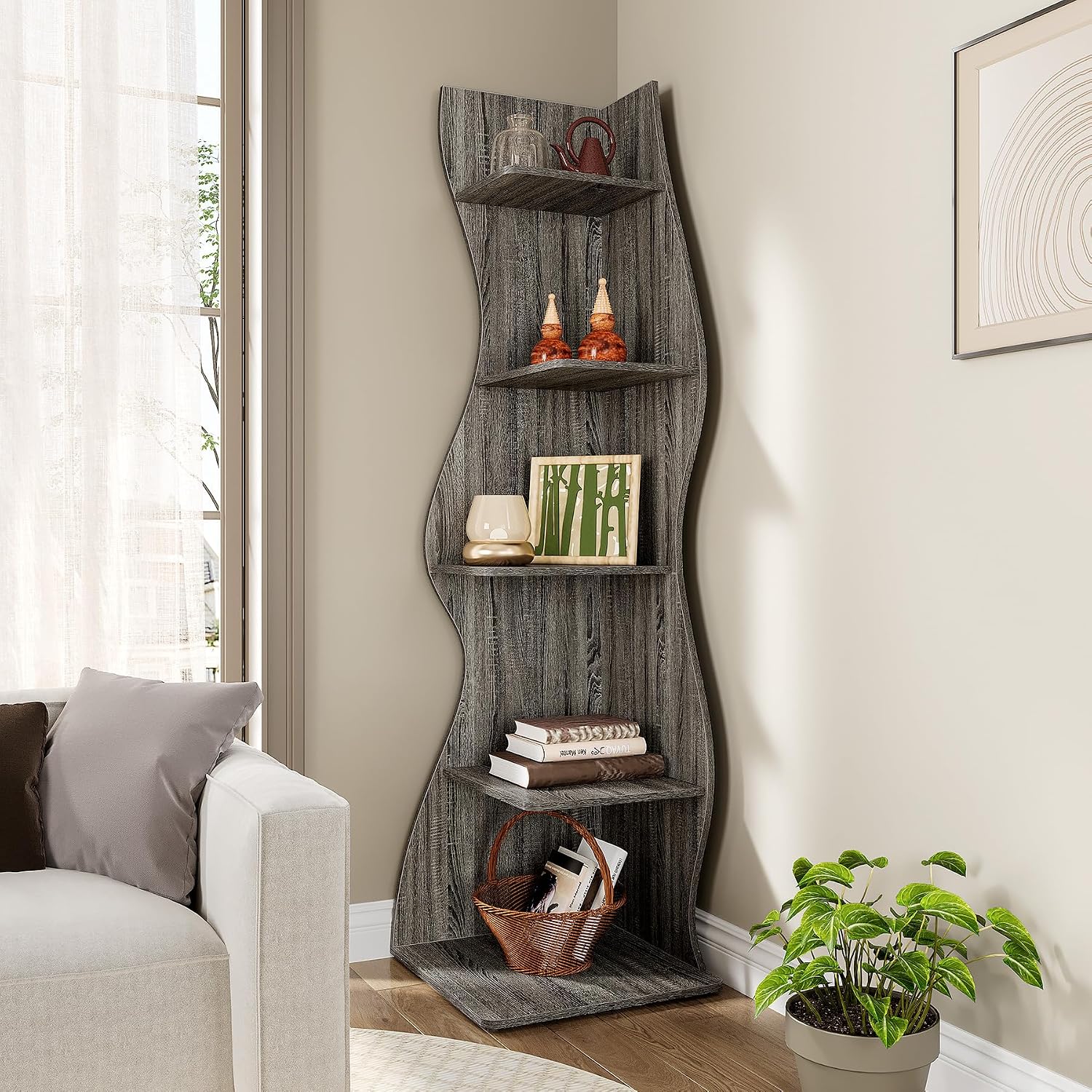 LITTLE TREE Small Corner Shelf, Modern 5-Tier Wall Corner Bookshelf, Stylish Bookcase Storage Rack for Small Space, Living Room, Bedroom