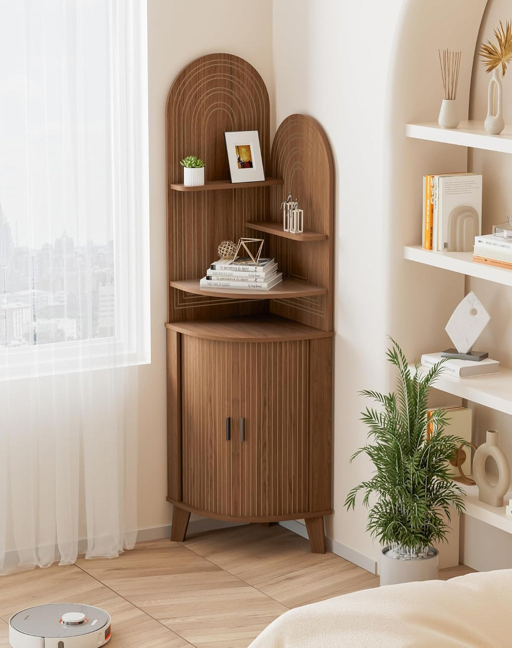 Small Corner Cabinet with Sliding Door and Storage, Tall Corner Bathroom Cabinet for Kitchen, Living Room, Corner Shelf Display Storage Cabinet, Walnut