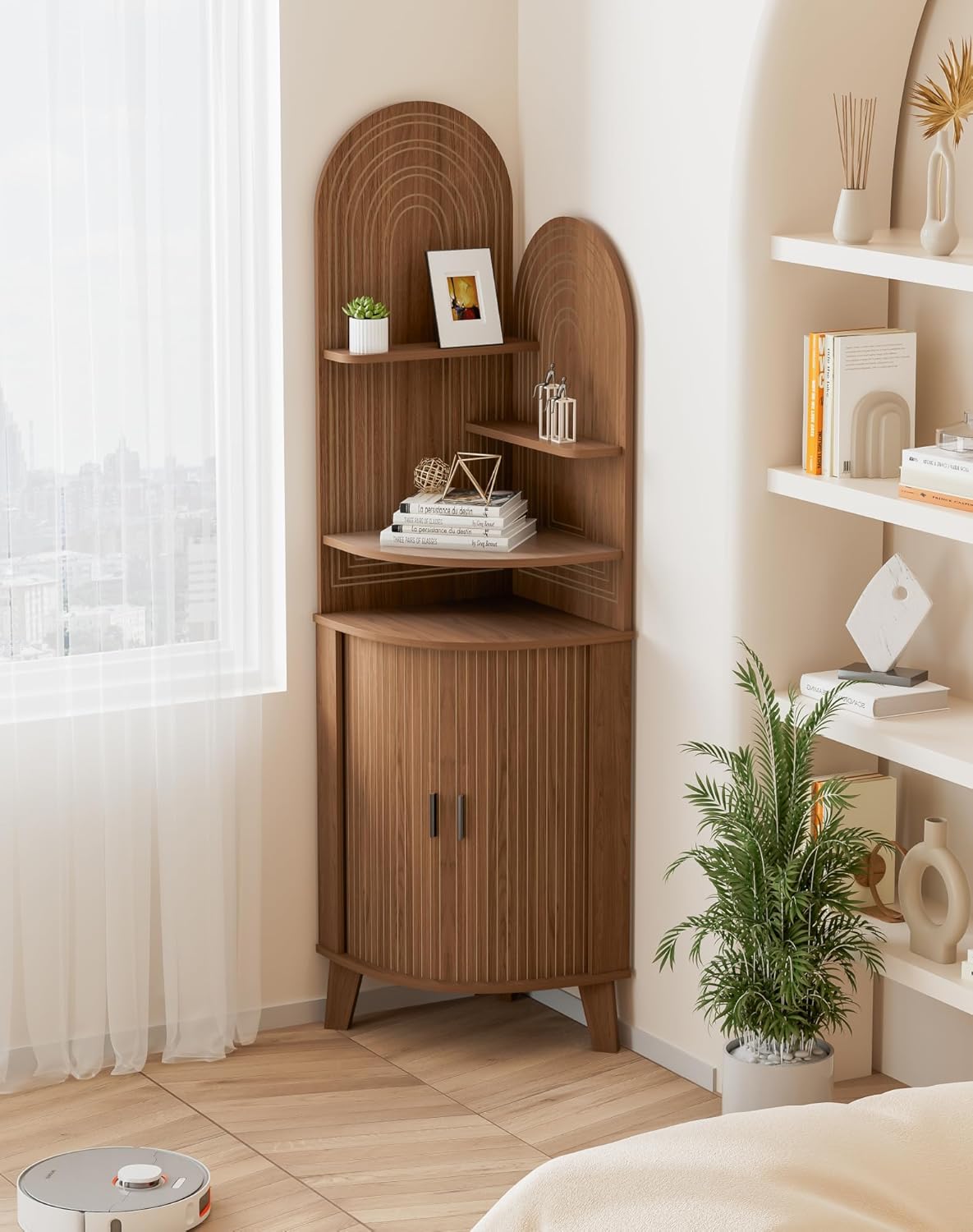 Small Corner Cabinet with Sliding Door and Storage, Tall Corner Bathroom Cabinet for Kitchen, Living Room, Corner Shelf Display Storage Cabinet, Walnut