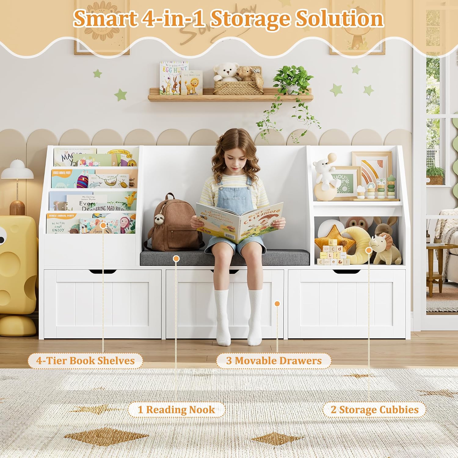 FOTOSOK 55.1'' Kids Bookshelf with Reading Nook, Toy Storage Organizer with Seat Cushion and 3 Movable Drawers, Kids Reading Nook Toy Organizers and Storage with Bench for Playroom, Bedroom, White
