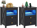 Farmhouse LED Nightstand Set 2 with Gun Drawer&Invisible Lock,Modern Bedside Table with Human Sensor Design,Rustic Side Table with Wireless Charging for Living Room, Black
