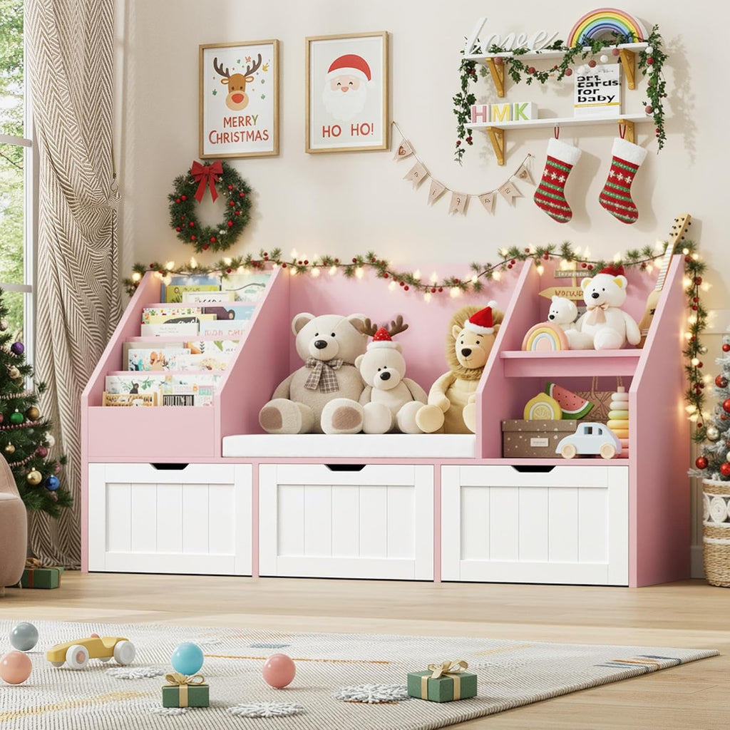 FOTOSOK 55.1'' Kids Bookshelf with Reading Nook, Toy Storage Organizer with Seat Cushion and 3 Movable Drawers, Kids Reading Nook Toy Organizers and Storage with Bench for Playroom, Bedroom, Pink