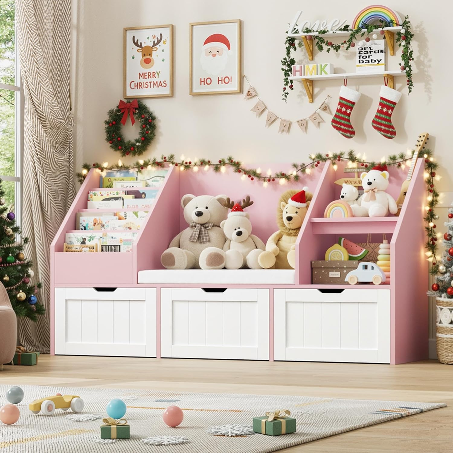 FOTOSOK 55.1'' Kids Bookshelf with Reading Nook, Toy Storage Organizer with Seat Cushion and 3 Movable Drawers, Kids Reading Nook Toy Organizers and Storage with Bench for Playroom, Bedroom, Pink