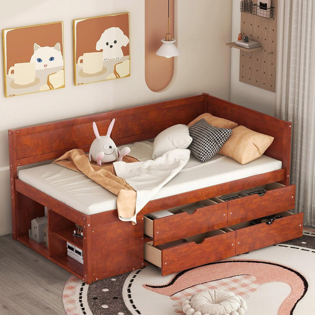 Harper & Bright Designs Twin Corner Bed Frame with Drawers and Shelves,Wood Daybed with L Shape Heaboard,Floor Storage Platform Bed Frame for Bedroom Living Room,Walnut