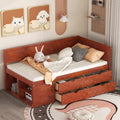 Harper & Bright Designs Twin Corner Bed Frame with Drawers and Shelves,Wood Daybed with L Shape Heaboard,Floor Storage Platform Bed Frame for Bedroom Living Room,Walnut