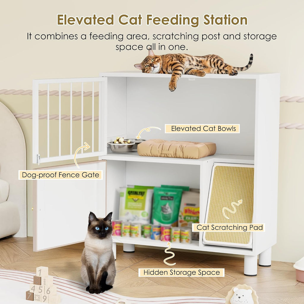 Dog Proof Cat Feeding Station, Metal Cat Feeding Station with Scratching Board, Raised Bowls for Indoor Cats, Elevated Food Bowls with Stand, Pet House Furniture (Metal White)