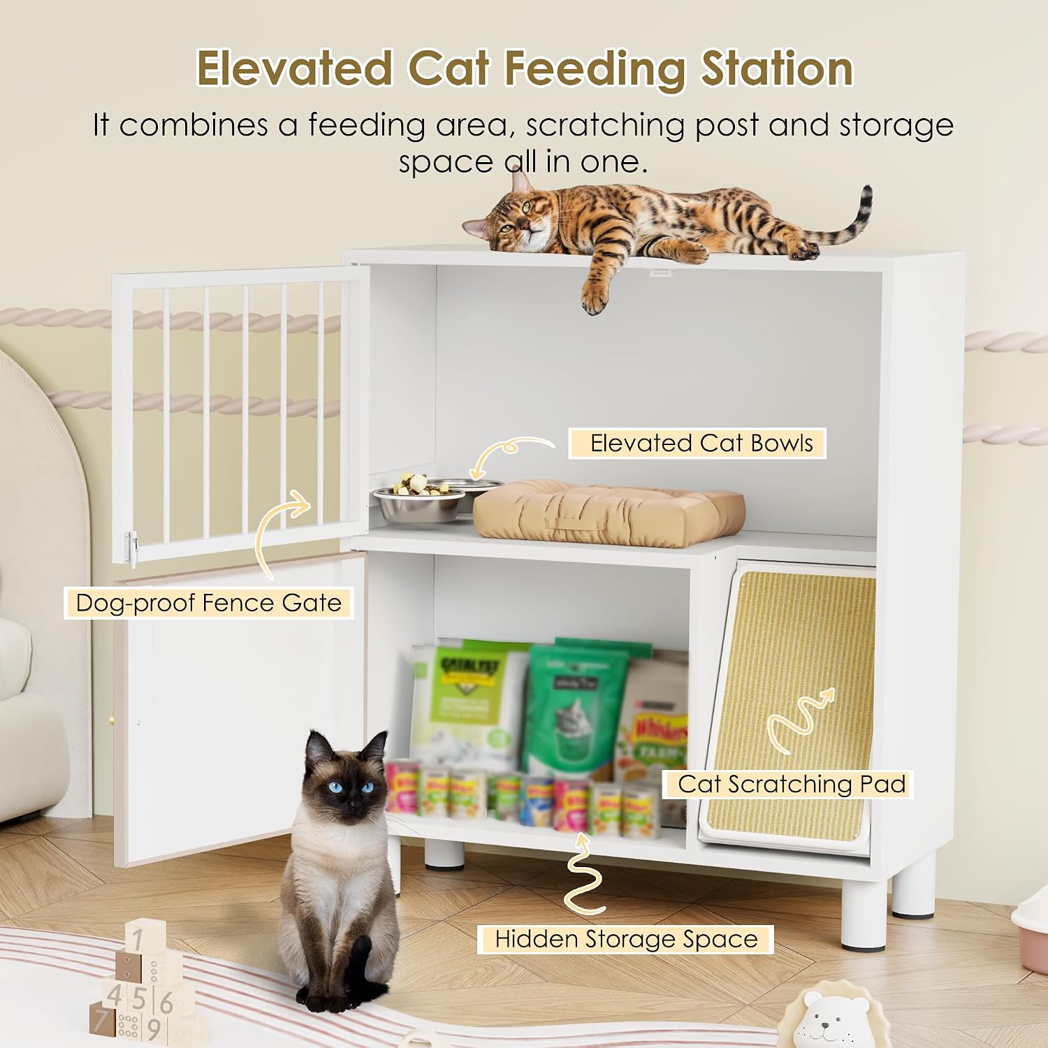 Dog Proof Cat Feeding Station, Metal Cat Feeding Station with Scratching Board, Raised Bowls for Indoor Cats, Elevated Food Bowls with Stand, Pet House Furniture (Metal White)