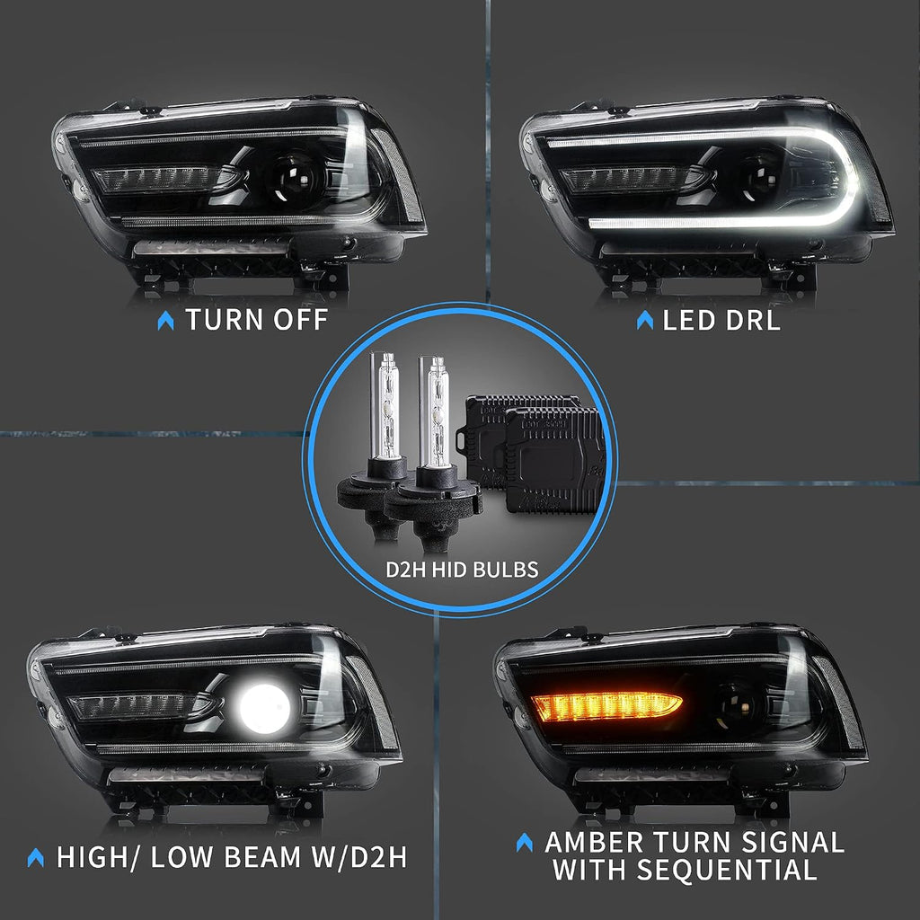 VLAND LED Headlights + D2H Xenon Bulbs Compatible with Dodge Charger 2011-2014 (Not Fit 2012 Charger SE) w/Sequential Passenger+ Driver Sides+Bulbs Kit