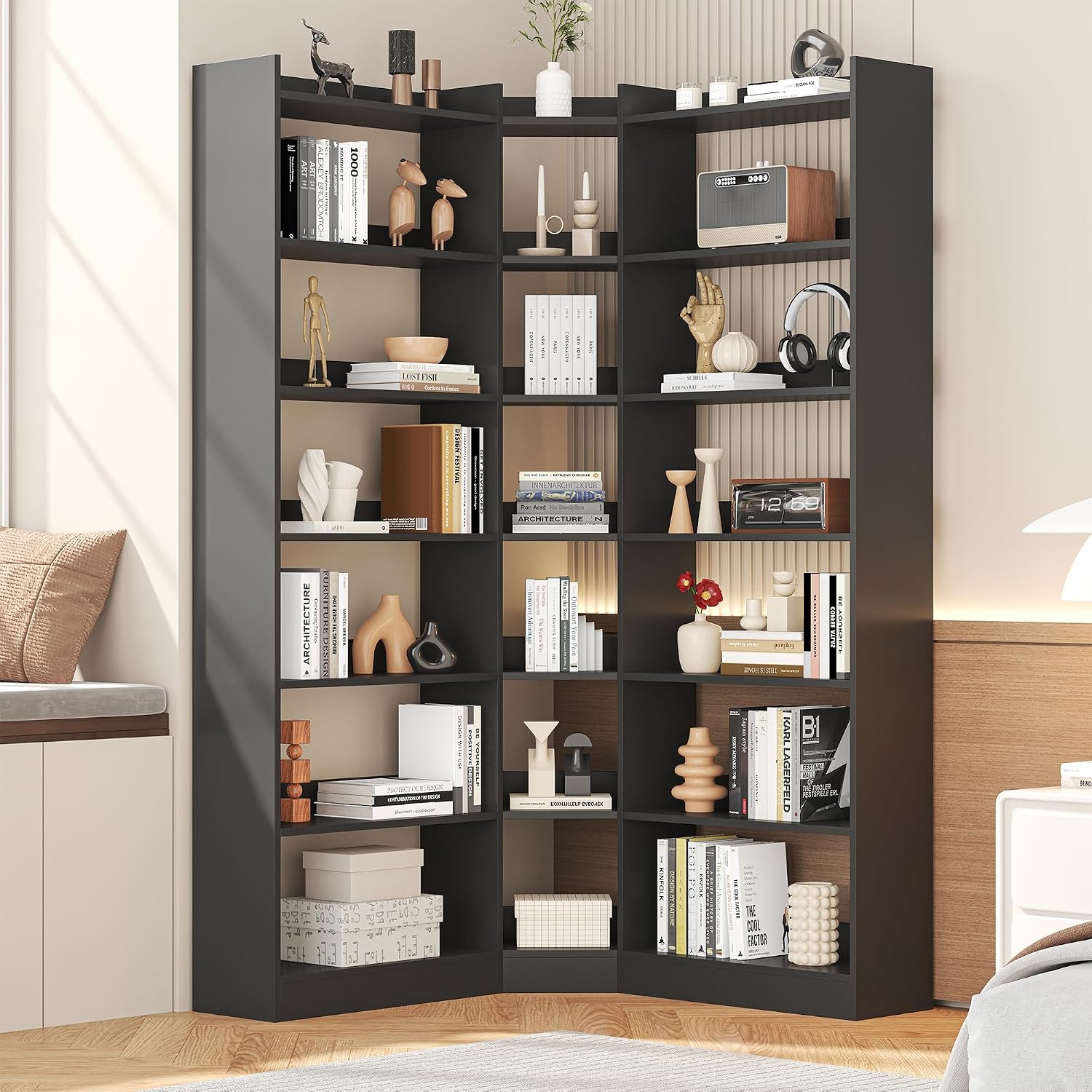 70.8' Tall Corner Bookshelf, 7 Tiers Large Etagere Bookcases with Baffles, L-Shaped Modern Storage Display Rack Industrial Bookshelves for Bedroom, Home Office, Living Room & Kitchen, Black