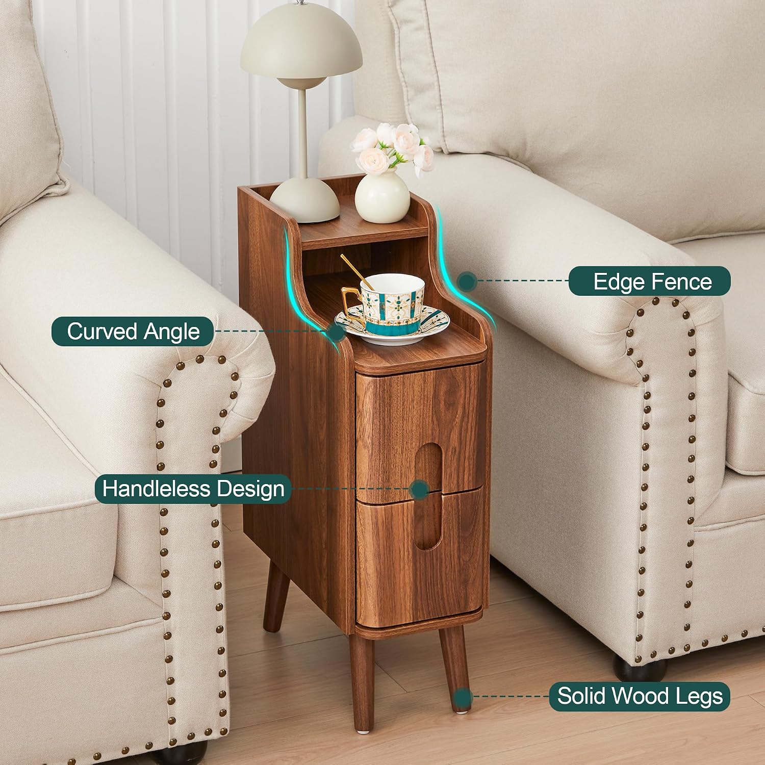 Narrow Nightstand Set of 2, Wood 2 Drawer Small Nightstand, Slim Side Table, Modern Skinny End Bedside Table, Natural Wood Night Stand with Drawers for Bedroom (Walnut-2 pcs)