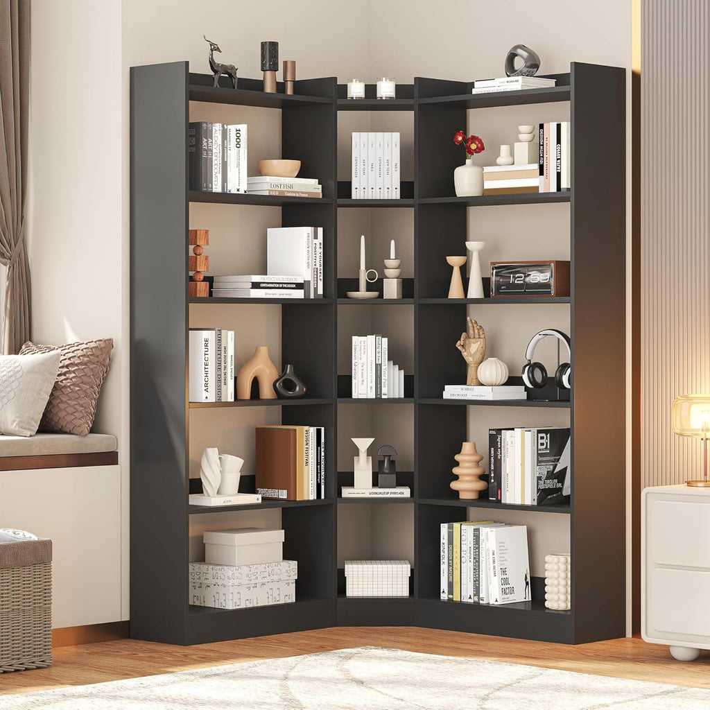 6 Tiers Corner Bookshelf and Bookcase with Baffle, 63.1' Tall Modern L-Shaped Storage Display Book Shelf Industrial Bookshelves for Bedroom, Living Room, Kitchen, Home Office, Black