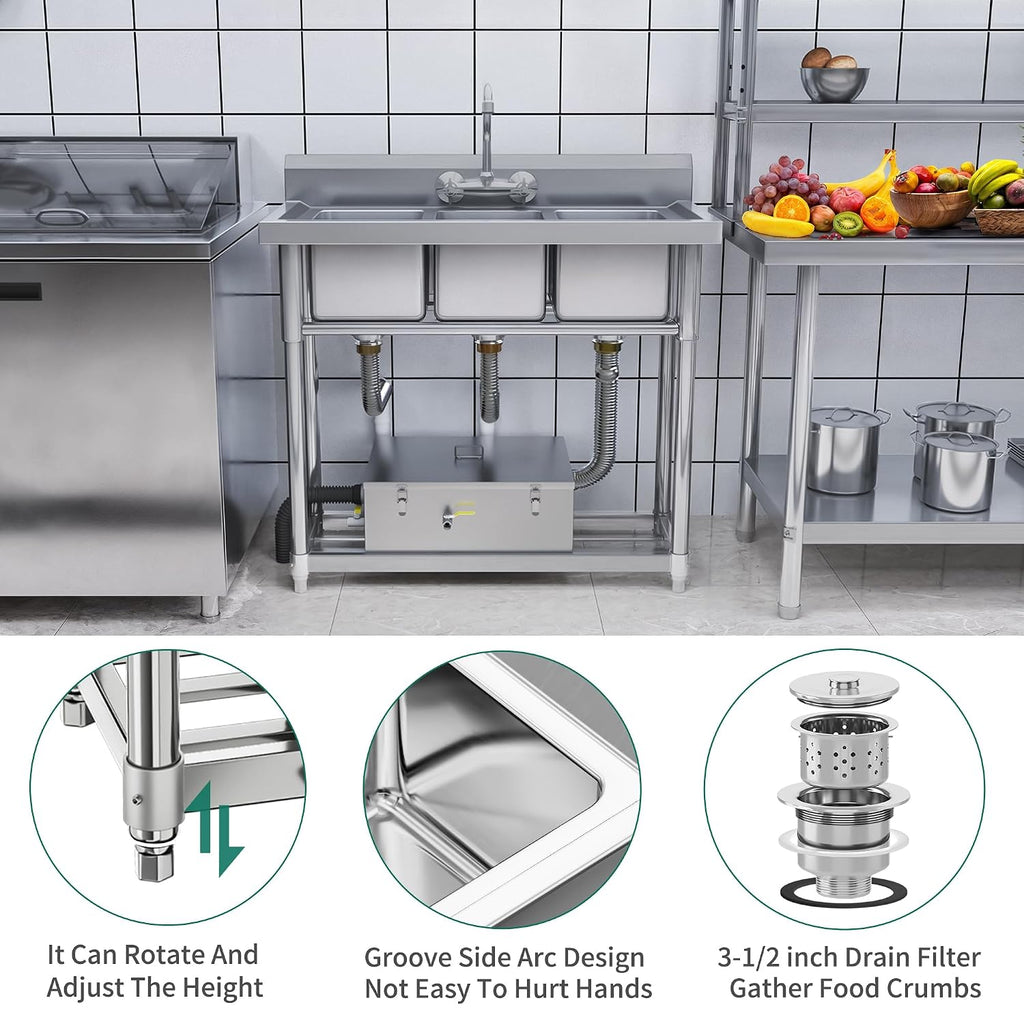 YITAHOME Freestanding Commercial 3 Bay Kitchen Under bar Sink NSF Stainless Steel 3 Compartment Bowl Outdoor Sink with Storage Shelve, Backsplash for Restaurant, Food Truck & Home (39'x 18'x 37')