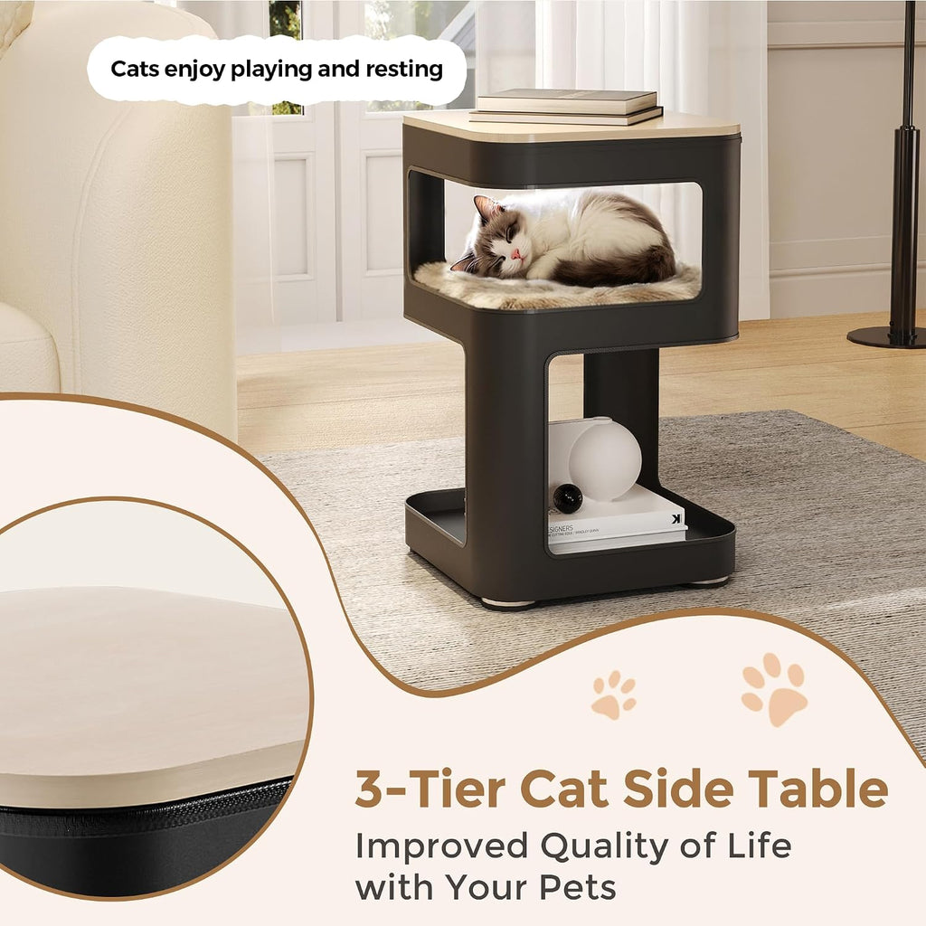 EUREKA ERGONOMIC Side Table Cat Beds, Square End Table with Cat House, Metal Nightstand with 3 Tier Storage, Modern Side Table End Beside Table for Living Room Bedroom Indoor, Easy Assembly, Black