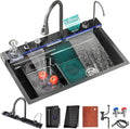 JATIBOSH Waterfall Kitchen Sink Black Single Bowl Smart Sinks Stainless Steel Farmhouse Workstation Drop-in/Undermount Sink Bar Sink (Size : 68x45CM)