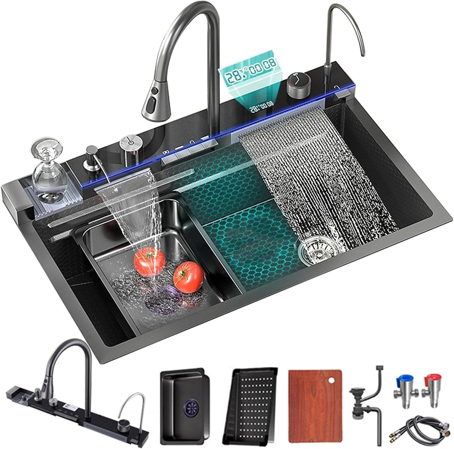 JATIBOSH Waterfall Kitchen Sink Black Single Bowl Smart Sinks Stainless Steel Farmhouse Workstation Drop-in/Undermount Sink Bar Sink (Size : 68x45CM)