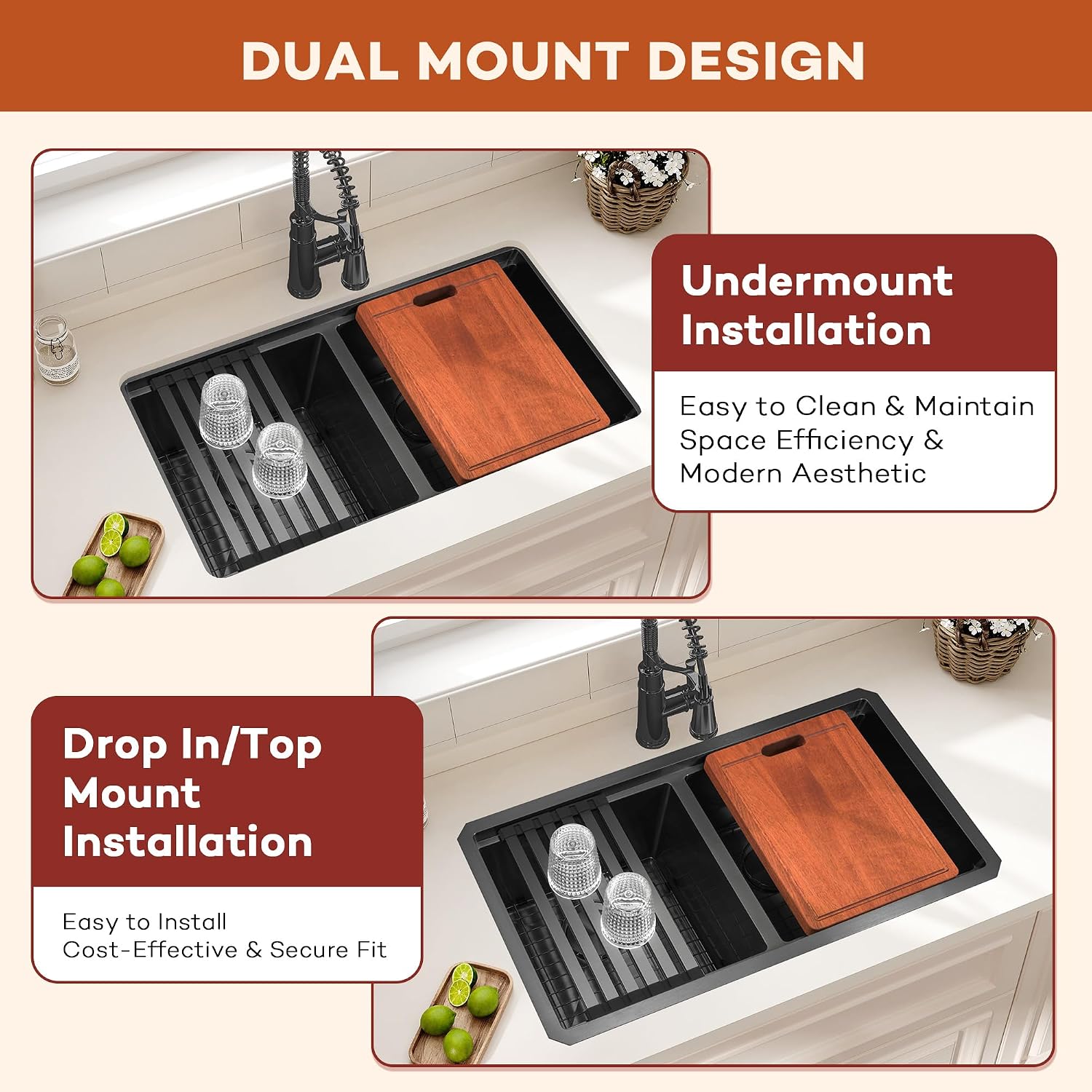 LQS Black Stainless Steel Kitchen Sink, 30 Inch Undermount Kitchen Sink, 50/50 Black Undermount Kitchen Sink with 10' Depth, X-Shaped Drain Line, Dual Mount Design and Round Corner