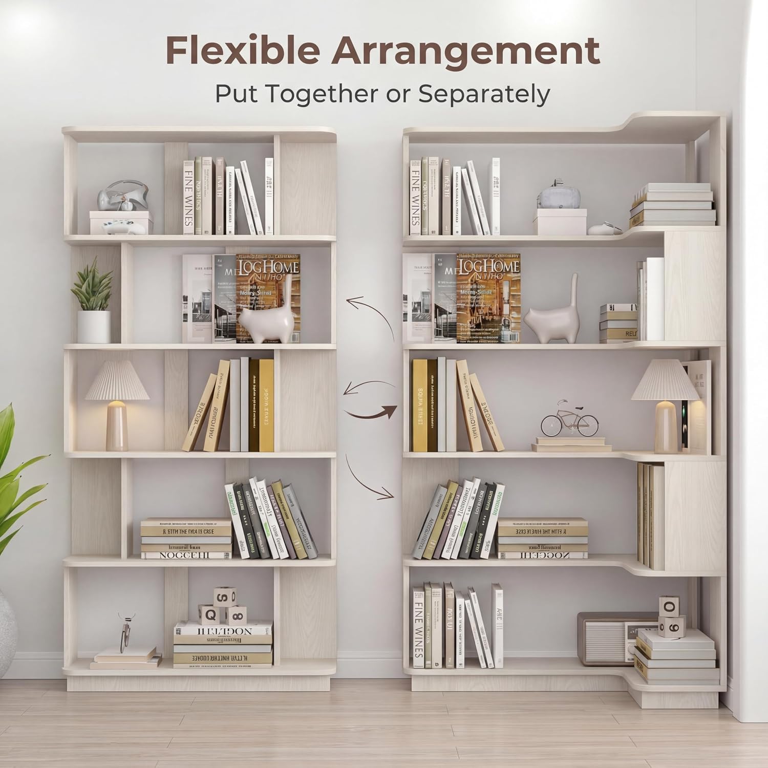 Corner Bookshelf, L Shaped, Set of 2,White Oak | Modular Geometric Design, Large Storage Display, Freestanding Wooden Unit, For Living Room Home Office
