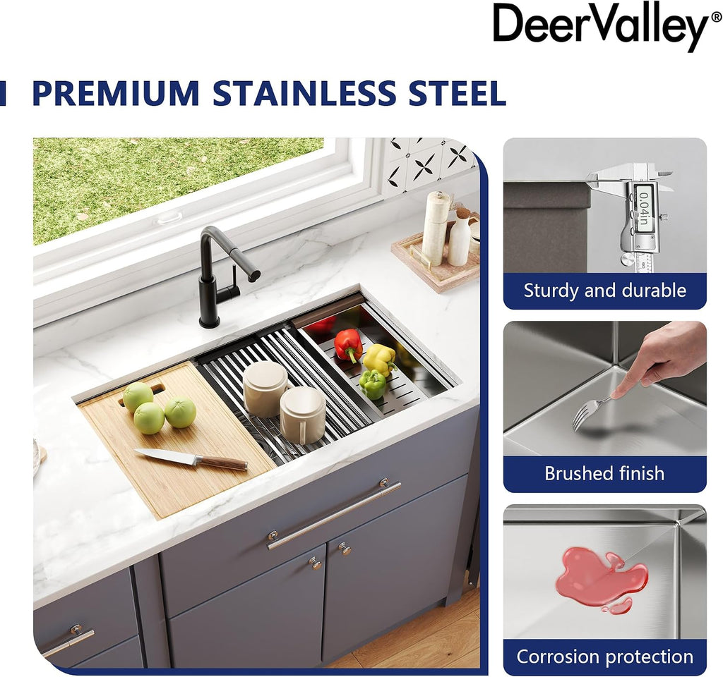 DeerValley Undermount Kitchen Sink Workstation 33 Inch, 16 Gauge Stainless Steel Single Bowl Sink, Handmade with Built-In Accessories, Ledge Design & Cutting Board