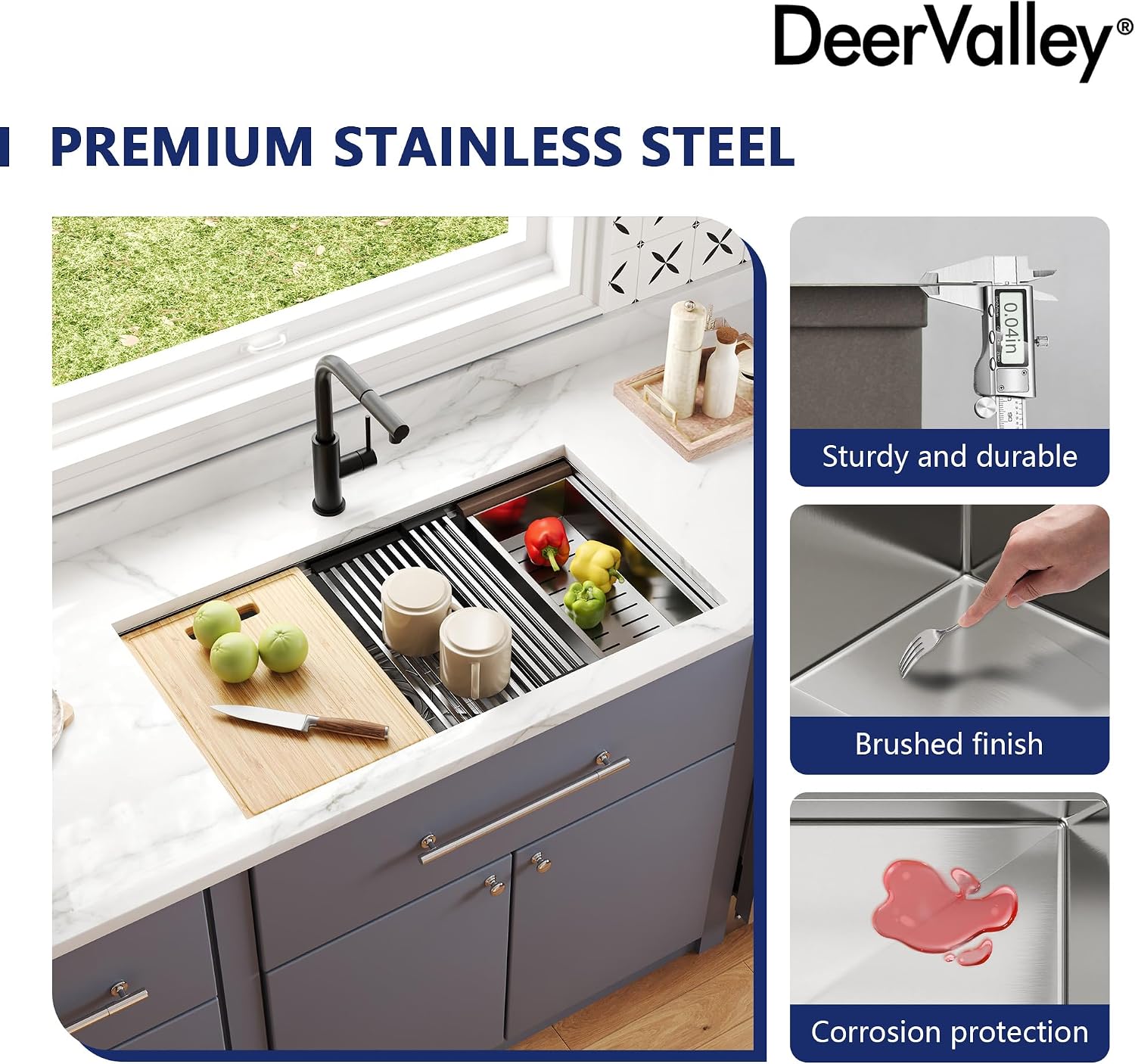 DeerValley Undermount Kitchen Sink Workstation 33 Inch, 16 Gauge Stainless Steel Single Bowl Sink, Handmade with Built-In Accessories, Ledge Design & Cutting Board