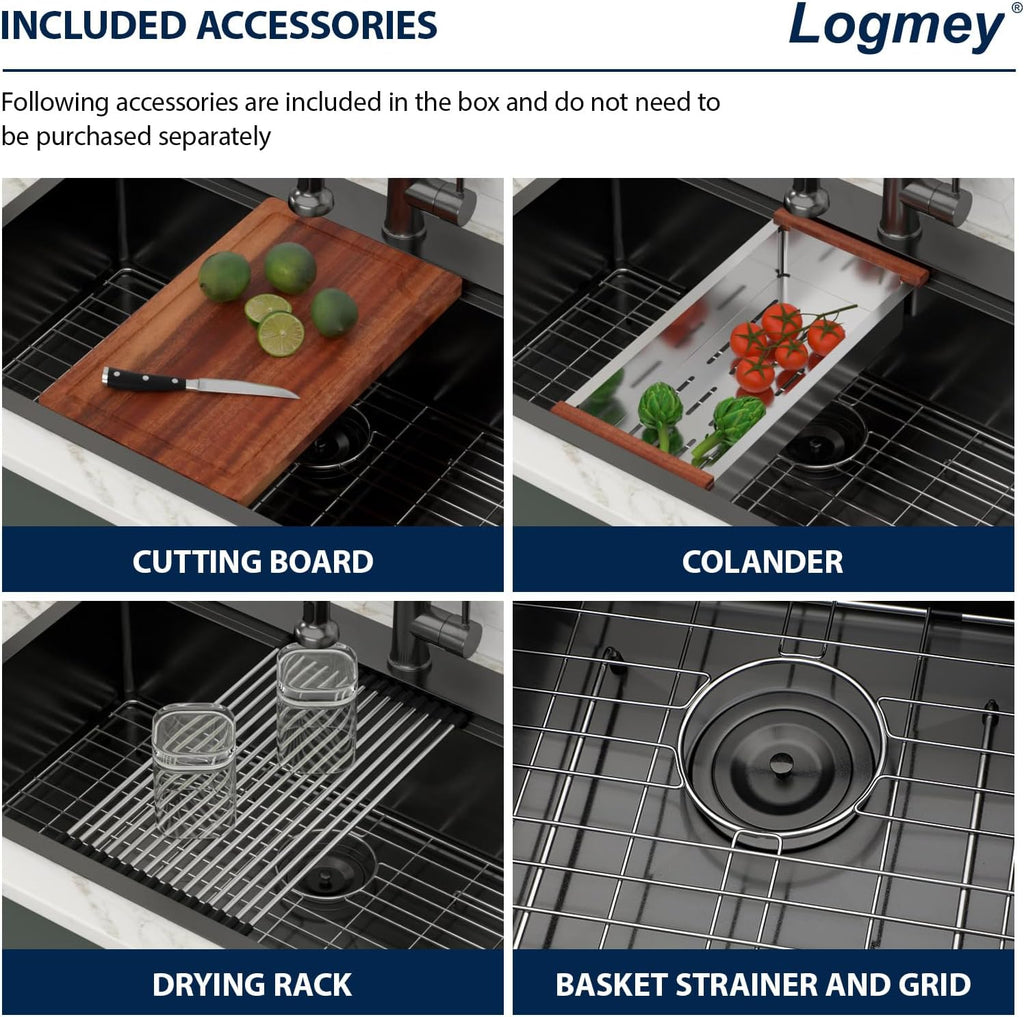 Logmey 30 Inch Drop In Kitchen Sink Workstation 30x19x9 Inch Gunmetal Black Topmount Sinks Stainless Steel 16 Gauge Overmount Kitchen Sink