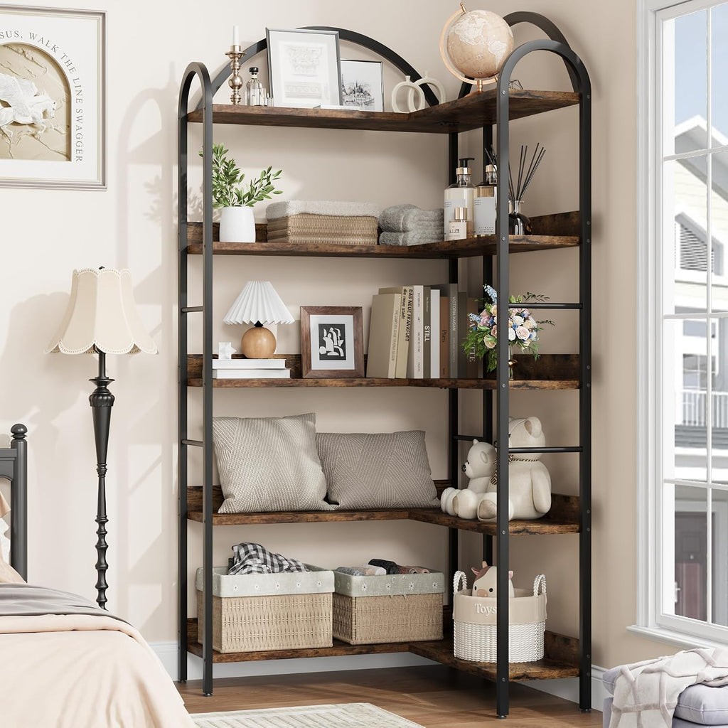 GarveeHome Arched Bookshelf Corner Bookcase, L Shaped Bookshelf Industrial Corner Bookshelves, Large Bookcase with Metal Frame, Corner Shelf Arch Display Rack for Living Room Bedroom