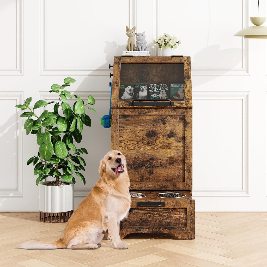 Garvee Dog Feeding Station with 2 Elevated Bowls, Dog Food Storage Cabinet, Flip Top Pet Feeding Station, Food Storage Container, Pet Toy Organizer, Brown