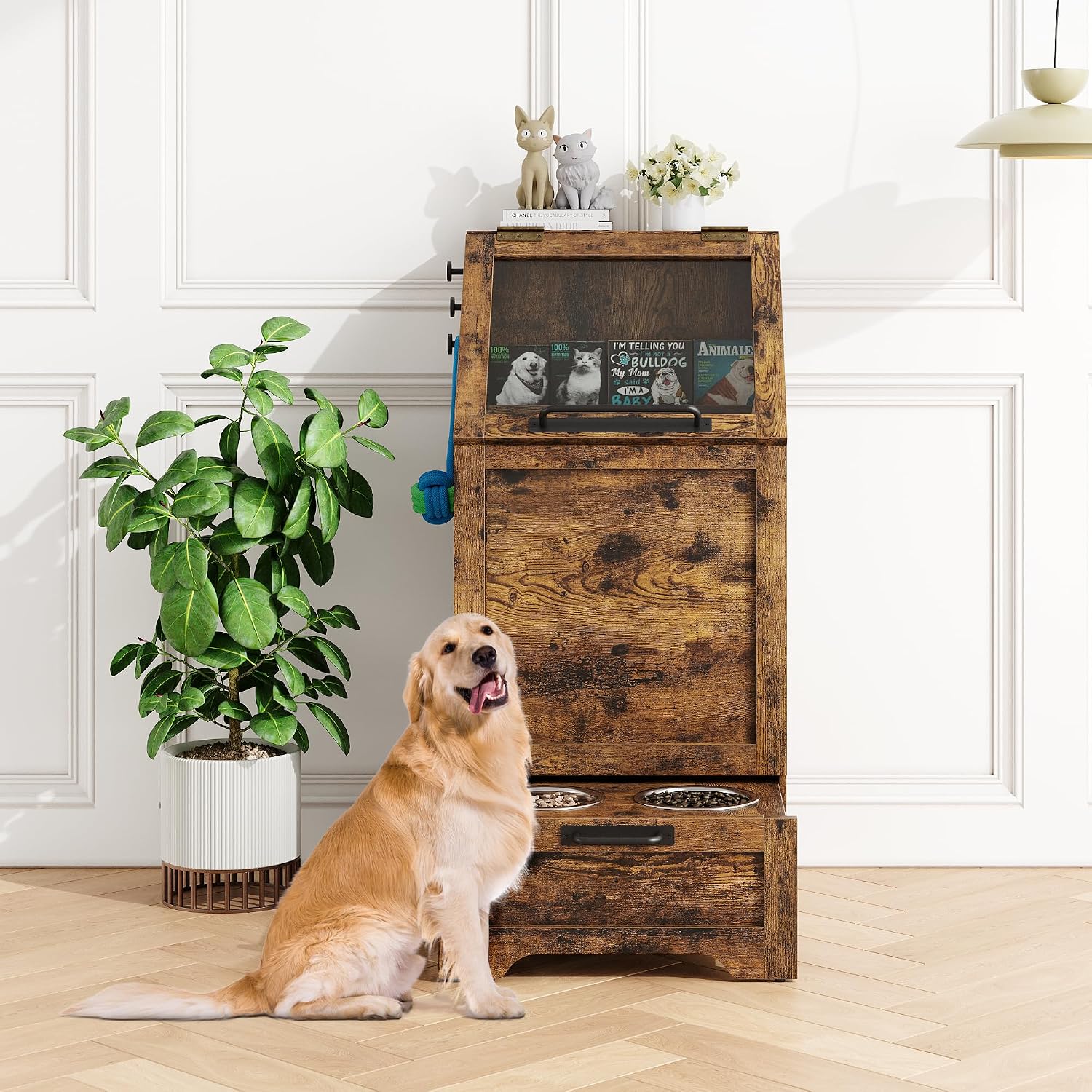 Garvee Dog Feeding Station with 2 Elevated Bowls, Dog Food Storage Cabinet, Flip Top Pet Feeding Station, Food Storage Container, Pet Toy Organizer, Brown