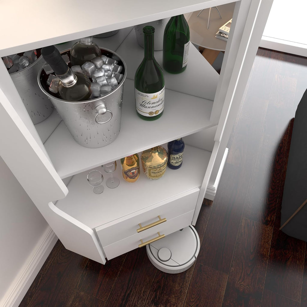 GDFStudio Wooden Corner Shelf Cabinet, Mirrored Back Coffee Bar Cabinets with Drawers & Open Storage, High Feet Corner Wine Rack Liquor Stand Kitchen Storage Cabinet for Living Room Dining Room, White