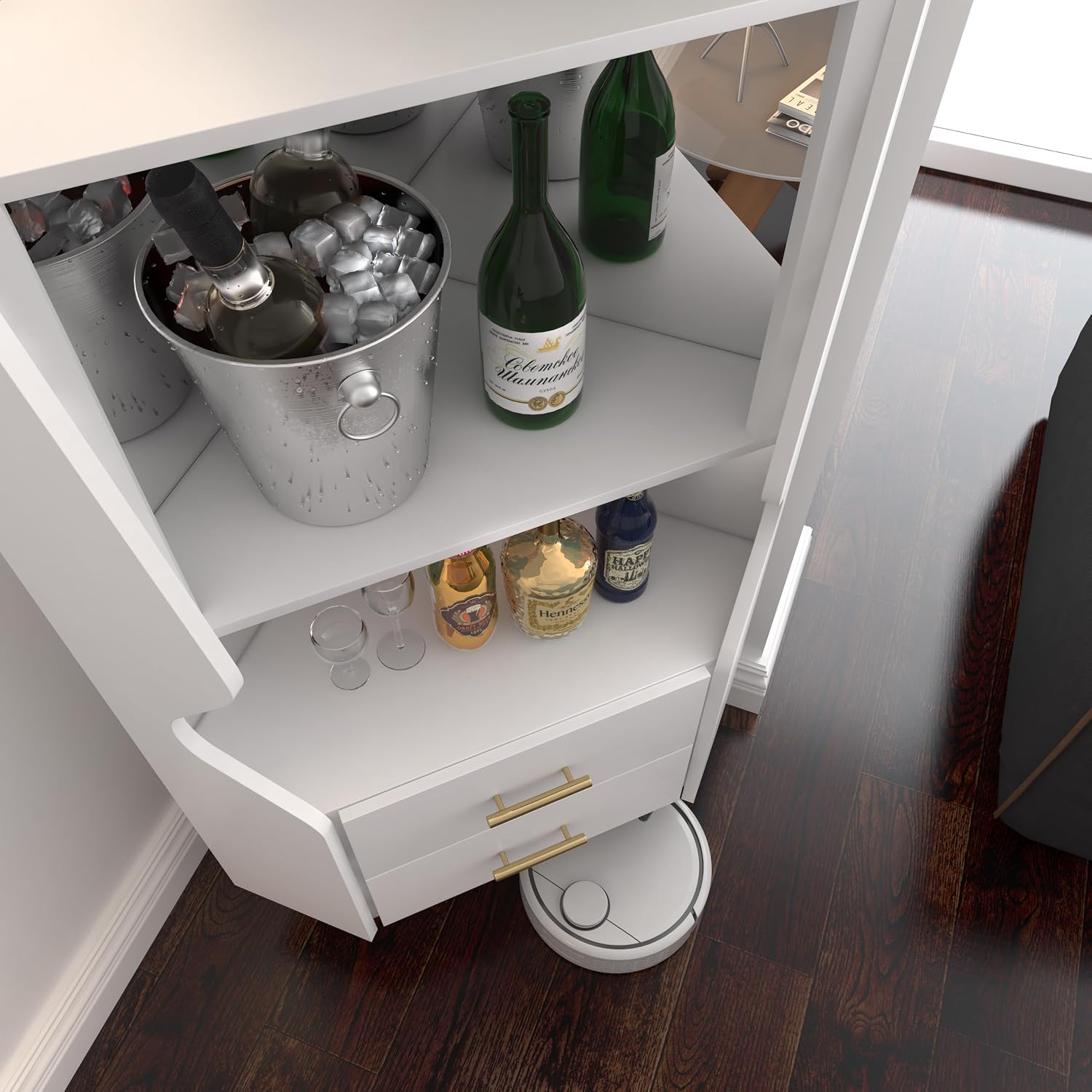 GDFStudio Wooden Corner Shelf Cabinet, Mirrored Back Coffee Bar Cabinets with Drawers & Open Storage, High Feet Corner Wine Rack Liquor Stand Kitchen Storage Cabinet for Living Room Dining Room, White