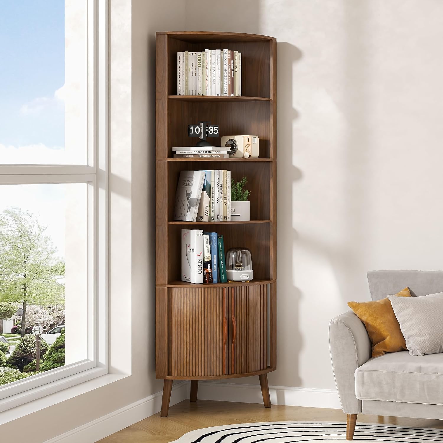 5-Tier Corner Shelf, 66.73''Tall Modern Corner Bookshelf, 5 Shelf Bookcase with 2 Fluted Doors, Freestanding Wood Corner Display Storage Shelf Organizer for Living Room, Office (Walnut)