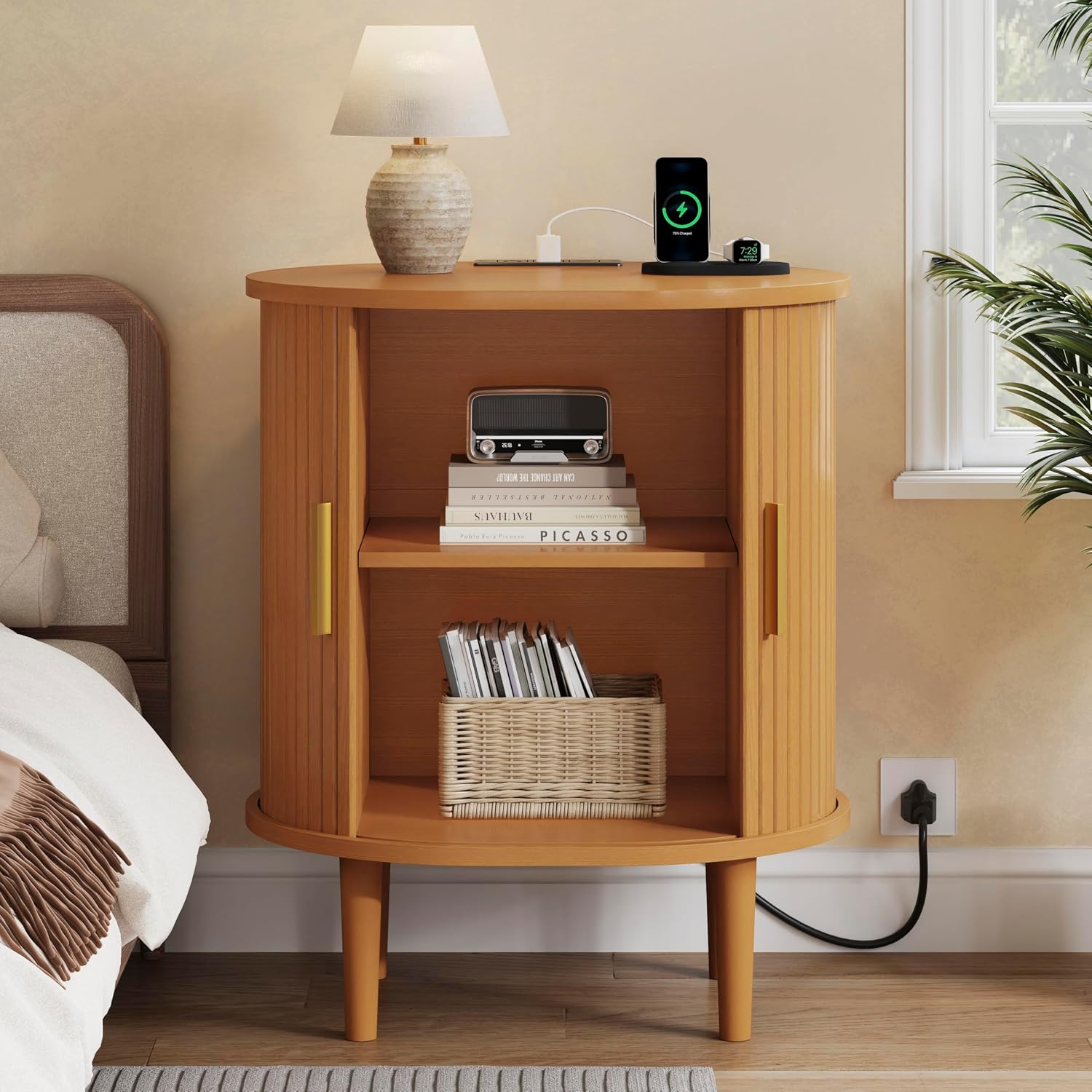 DHH Mid Century Modern Nightstand Set of 2 with Charging Station,Fluted Accent Side Table with Sliding Door & Adjustable Shelf,End Table for Small Space, Living Room, Bedroom,Sofa Couch,Yellow Walnut