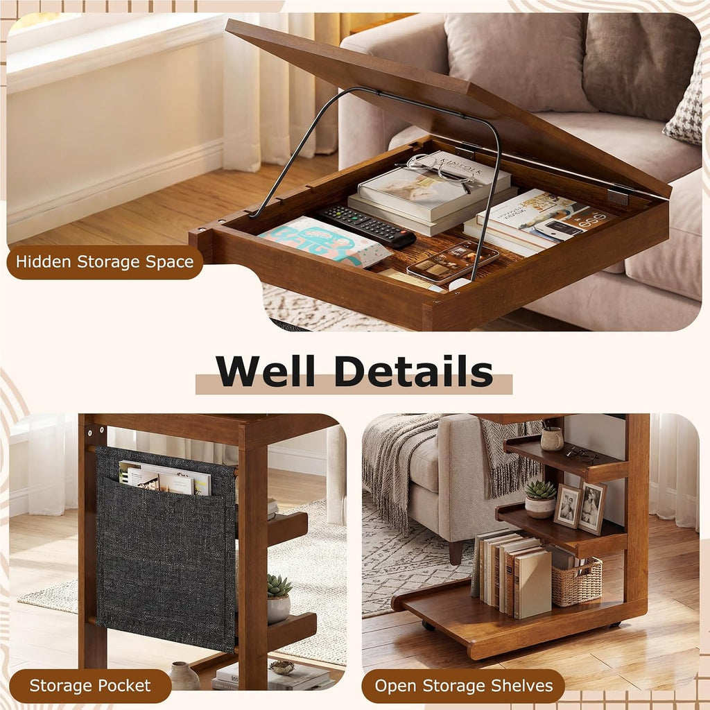Giantex C-Shaped End Table with Wheels, Set of 2 Wood Rolling Side Table w/Adjustable Desktop, Edge Stopper, Side Pocket & 3 Storage Shelves, Sofa Couch Bedside TV Tray for Living Room Bedroom (Brown)