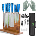 FULLHI 15pcs Japanese Knife Set with Magnetic Knife Block Holder, Japan Stainless Steel Blades, Blue Resin Ergonomic Handles for Professional and Home Cooking