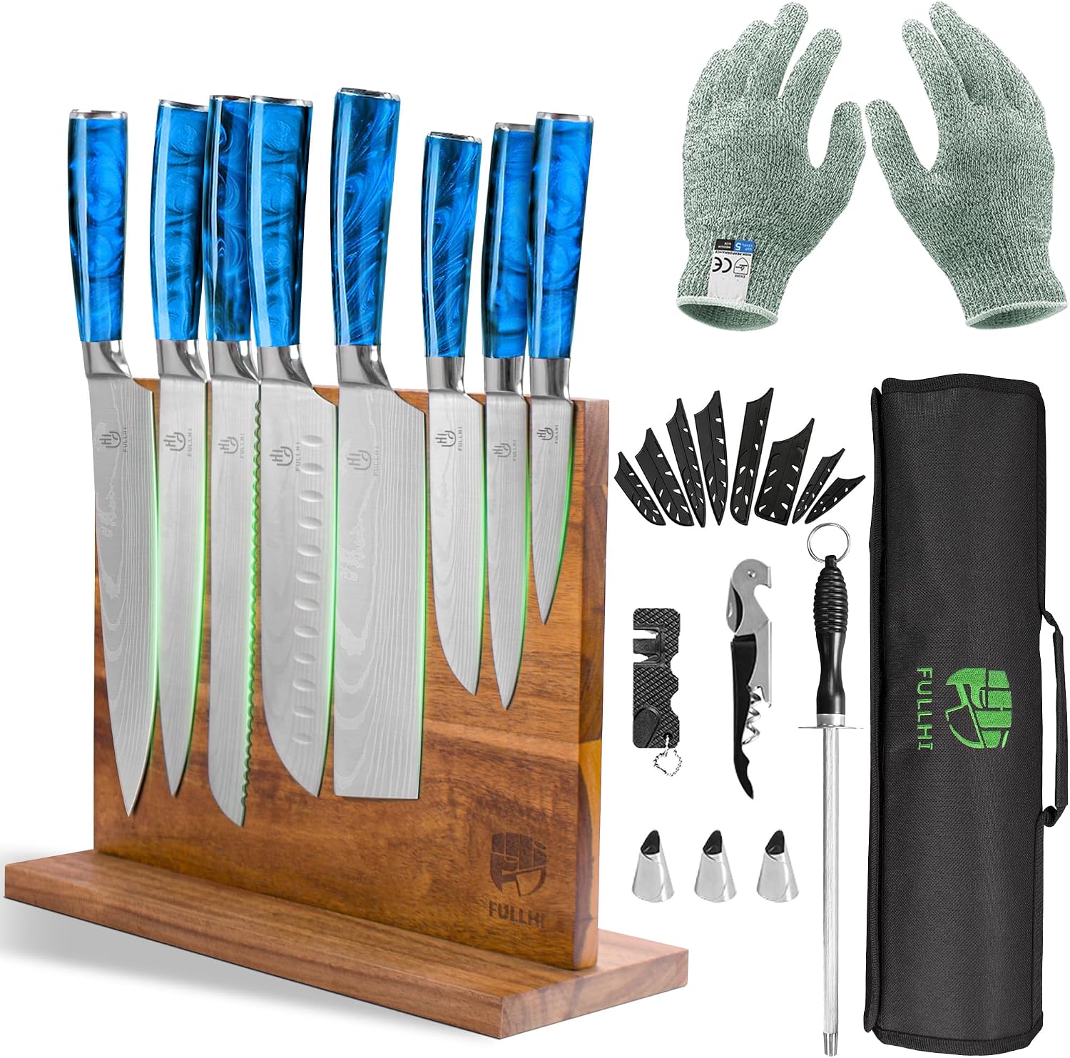FULLHI 15pcs Japanese Knife Set with Magnetic Knife Block Holder, Japan Stainless Steel Blades, Blue Resin Ergonomic Handles for Professional and Home Cooking