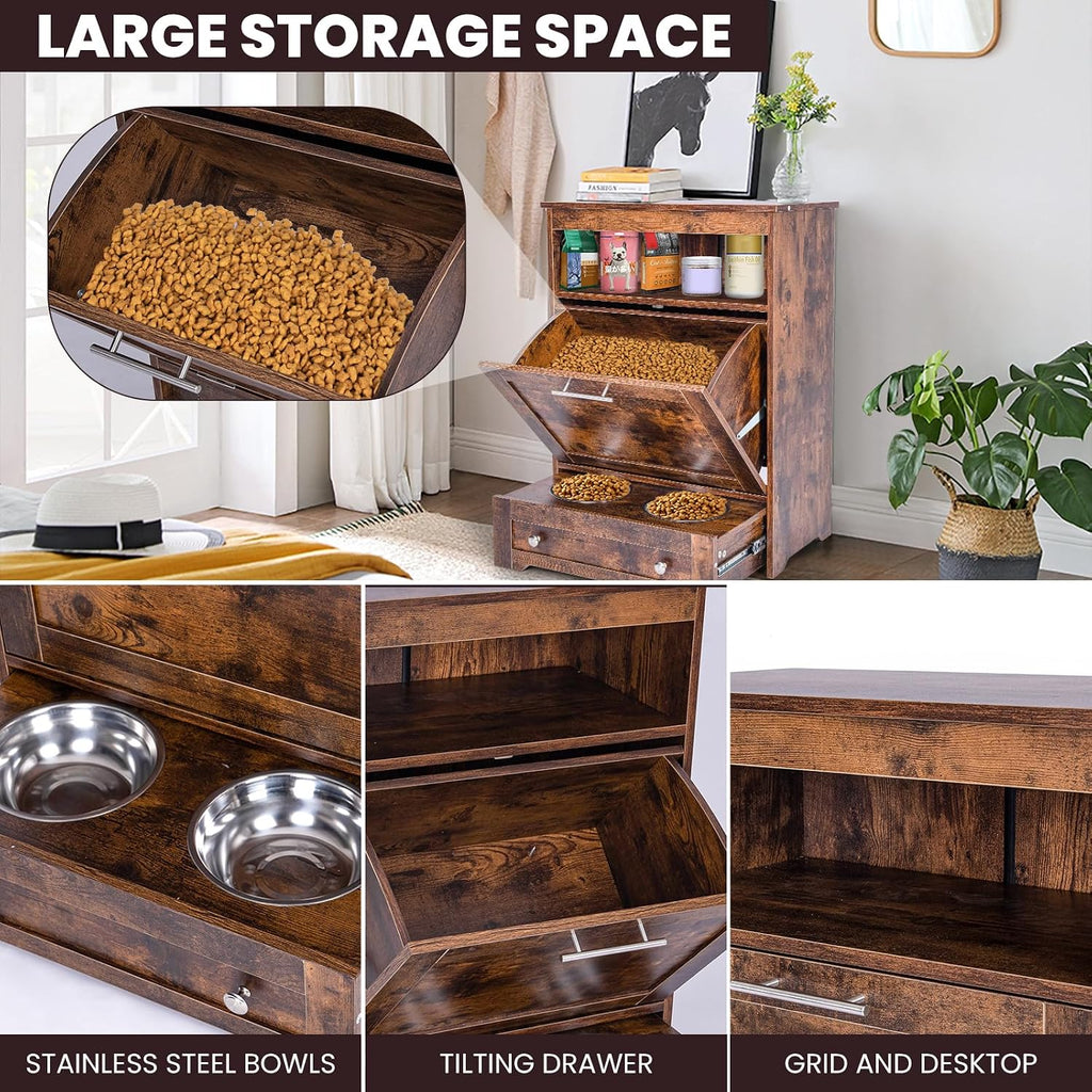 Dog Feeding Station with Storage,Pet Feeding Station Food Storage Cabinet with 2 Elevated Dog Bowls for Water and Feeding Supplies,Dog & Cat Storage Organizer with Drawer,Brown