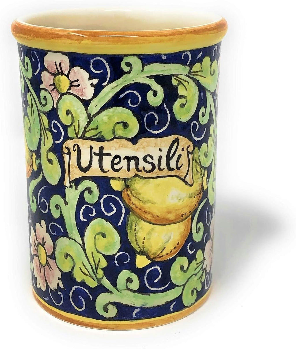 CERAMICHE D'ARTE PARRINI- Italian Ceramic Utensil Holder Vessel Hand Painted Decorated Lemons Made in ITALY Art Pottery