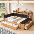 SOFTSEA Full Size Daybed with Trundle, Storage & Charging Station, Wooden Corner Daybed Frame with Upholstered Headboard & Bench for Bedroom or Apartment, No Box Spring Needed, Natural