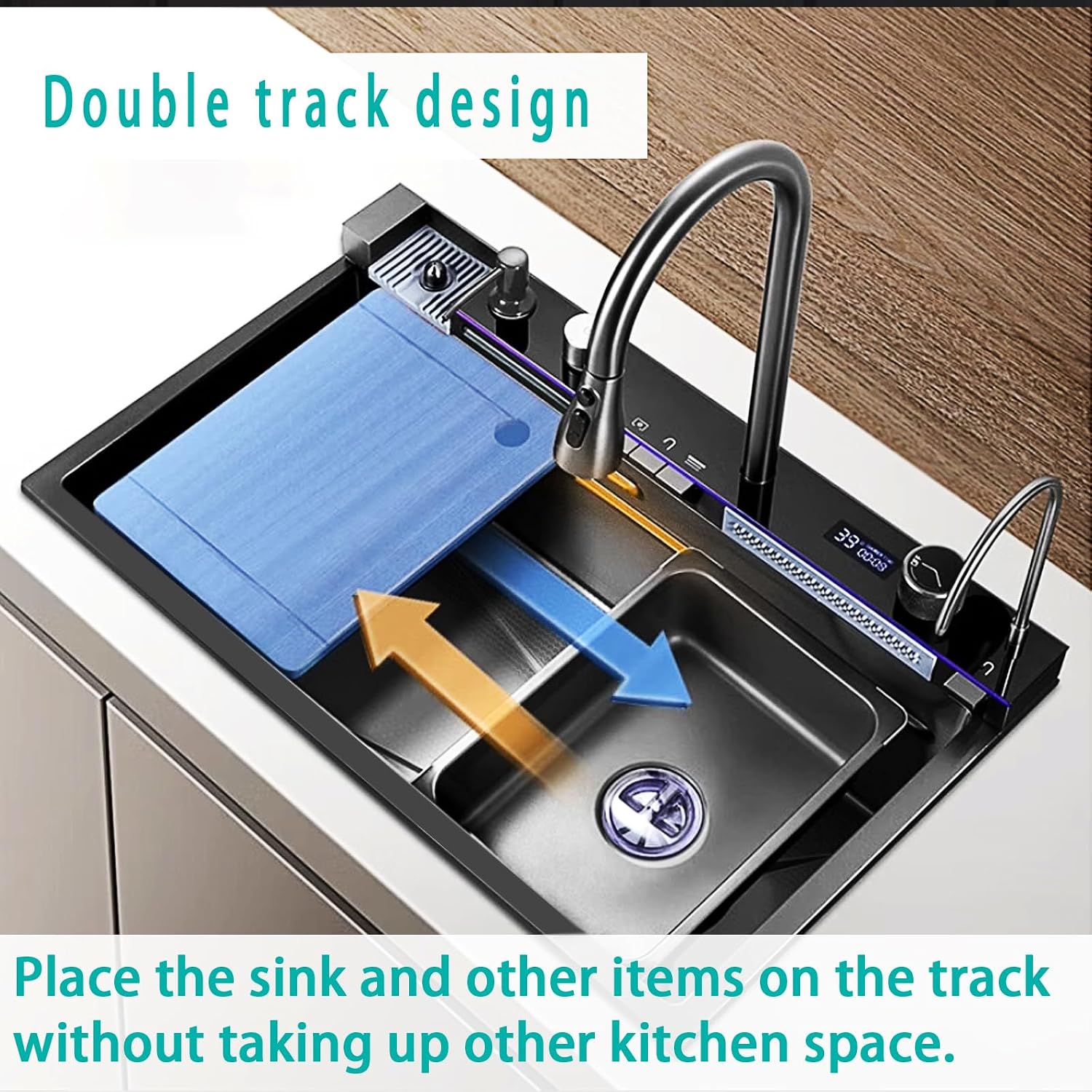 Sinks Undermount or Countertop Single Bowl Stainless Steel Kitchen Sink with Drain basket, cutting board, vegetable sink, multi-function pull-out faucet set (Black, 26.7x18x9 Inch)