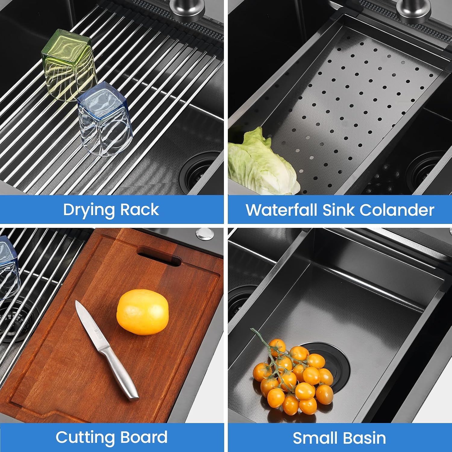 33x22 Inch Kitchen Sink with Waterfall Faucet Combo, Nano PVD Black 16 Gauge Stainless Steel Workstation, Scratch Resistant Single Bowl Drop-In Sink, Multifunctional Handmade Design