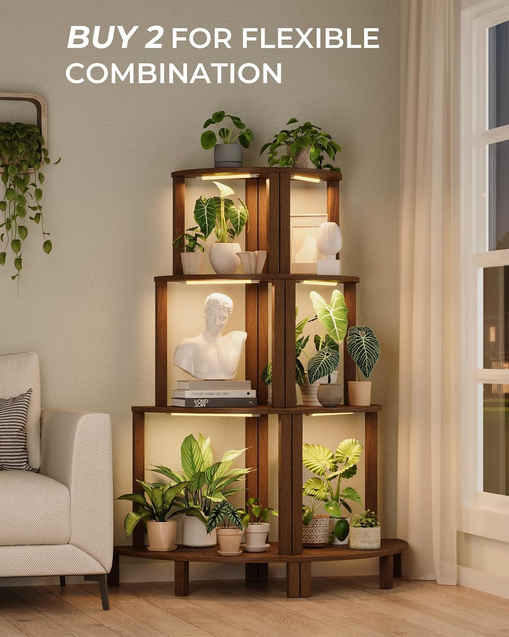 Bamworld Corner Plant Stand with Grow Lights 4-Tier Plant Stand Indoor Wood Plant Stand with Grow Light Tall Shelves Garden Decor for Living Room Balcony