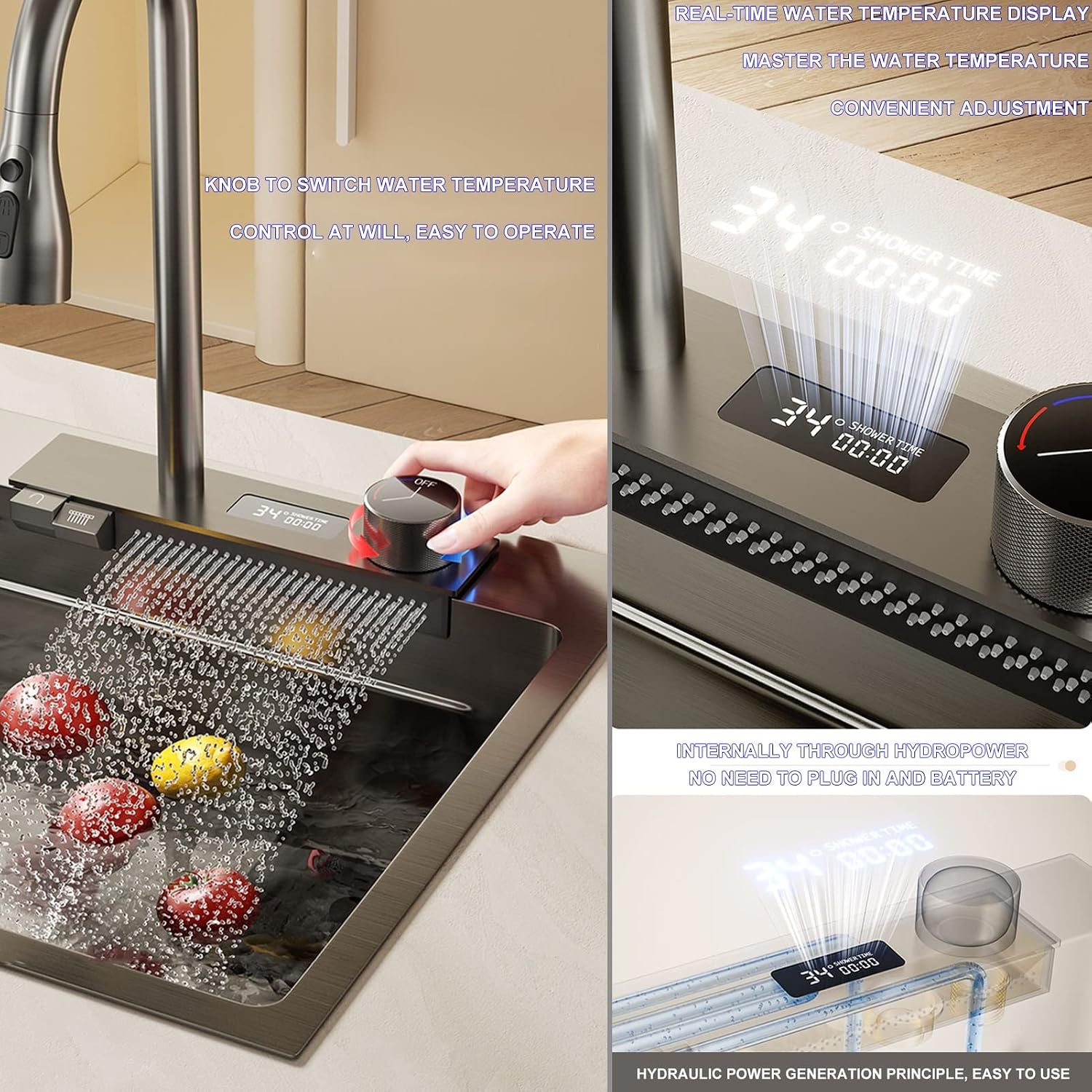 Stainless Steel Kitchen Sink Digital Display Single Bowl Bar Sink Multi-Functional Nano RV Sink with Faucet and Drainage Components (Color : Black, Size : 75x46x22cm) (Black 80x46x22cm)