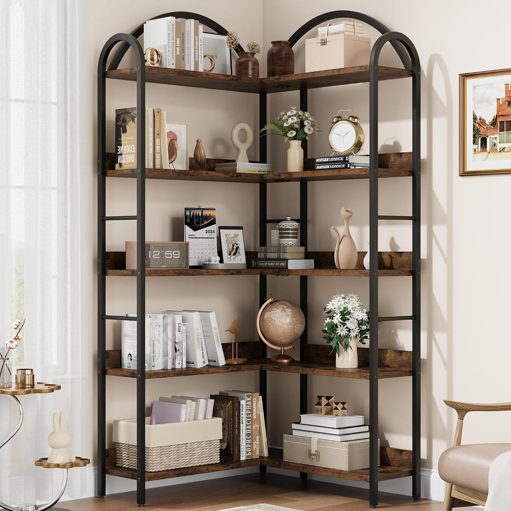 GarveeHome Arched Bookshelf Corner Bookcase, L Shaped Bookshelf Industrial Corner Bookshelves, Large Bookcase with Metal Frame, Corner Shelf Arch Display Rack for Living Room Bedroom