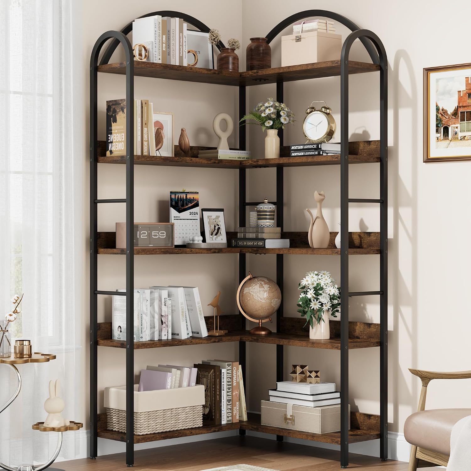 GarveeHome Arched Bookshelf Corner Bookcase, L Shaped Bookshelf Industrial Corner Bookshelves, Large Bookcase with Metal Frame, Corner Shelf Arch Display Rack for Living Room Bedroom