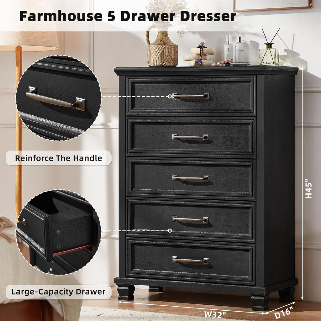 SAVOR LIFE Farmhouse Chest of Drawers for Bedroom, 45' Tall Dresser for Closet, Rustic Wood Dressers for Bedroom, Hallway, Entryway, Black